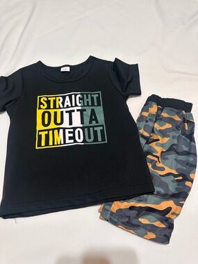 ‘Straight Outta Timeout' Kids Matching Set with Camo Shorts